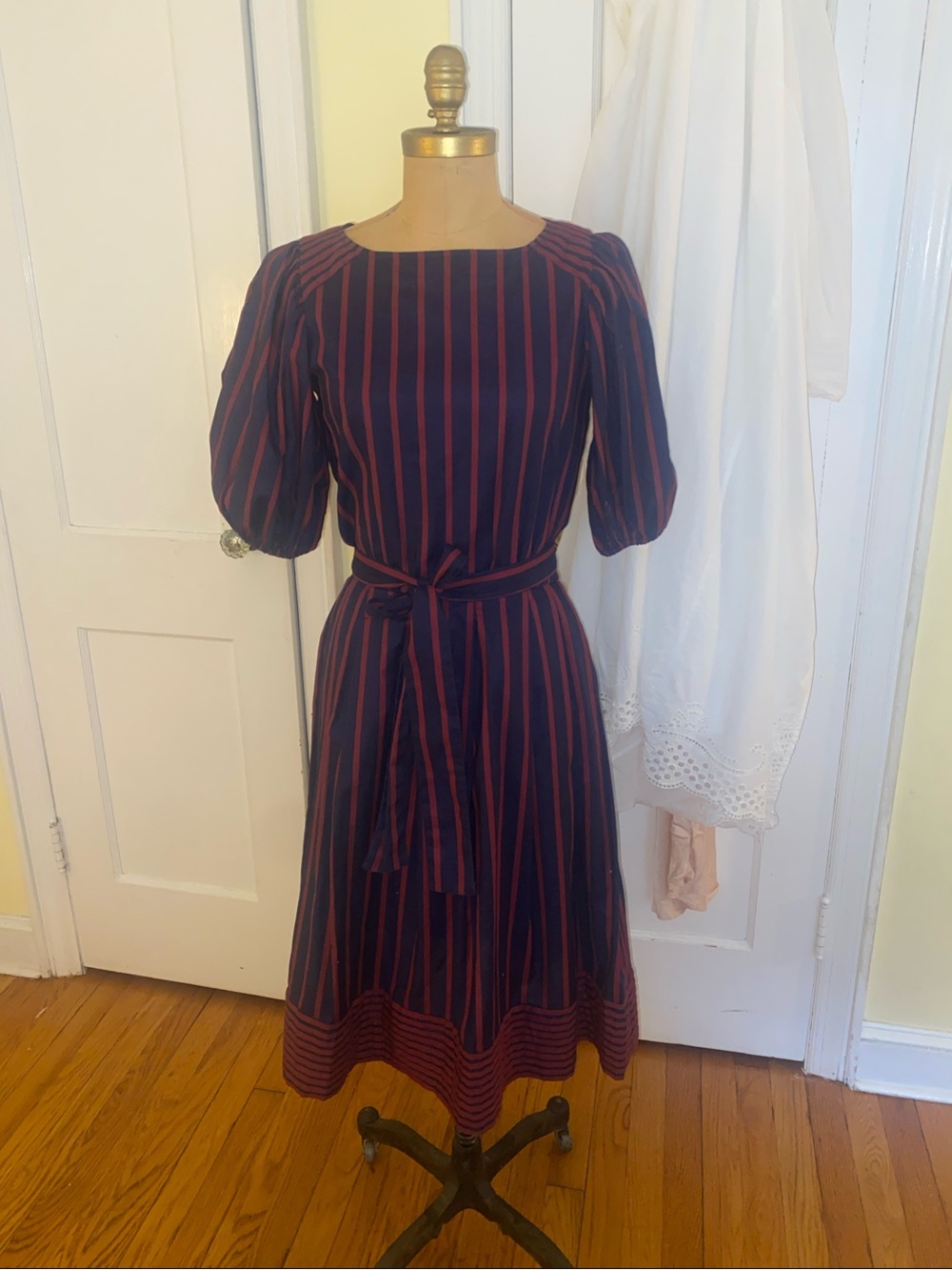 Vintage Navy and Burgundy Striped Puff Sleeve Dress